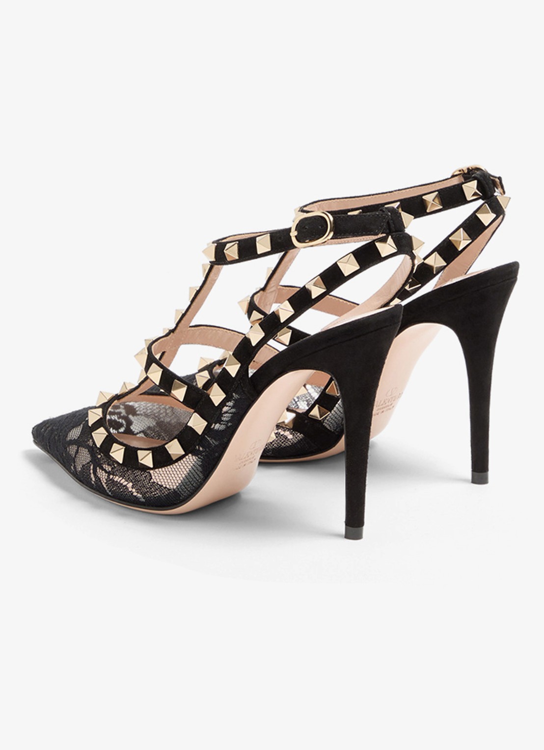 Valentino Garavani Rockstud sandalette van geitensuède met kant - achterkant 5 zwart