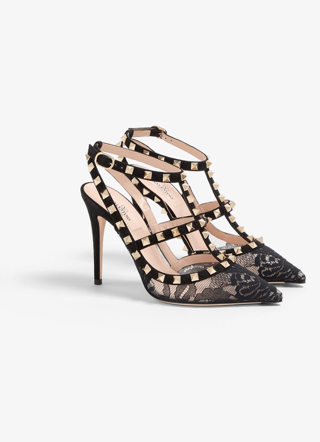 Valentino Garavani Rockstud sandalette van geitensuède met kant - detail zwart