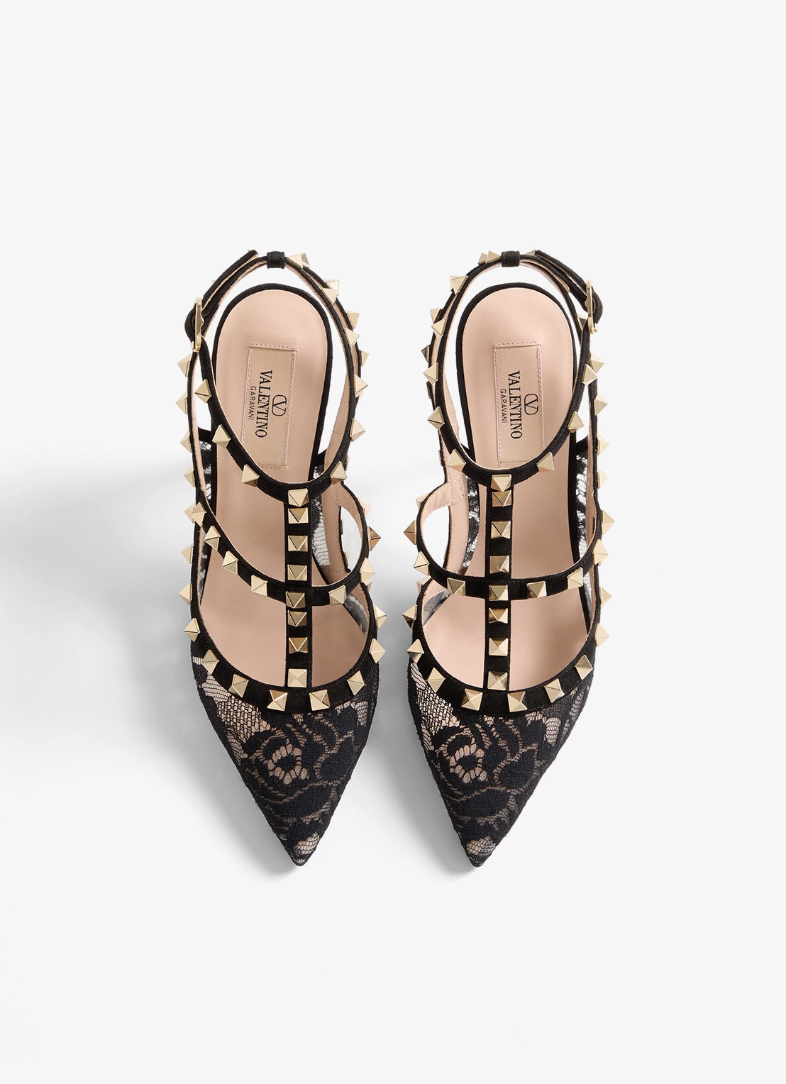 Valentino Garavani Rockstud sandalette van geitensuède met kant - detail 2 zwart