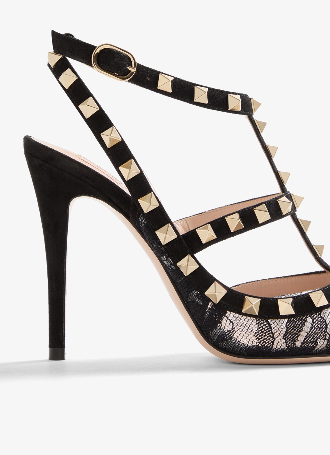 Valentino Garavani Rockstud sandalette van geitensuède met kant - detail 3 zwart