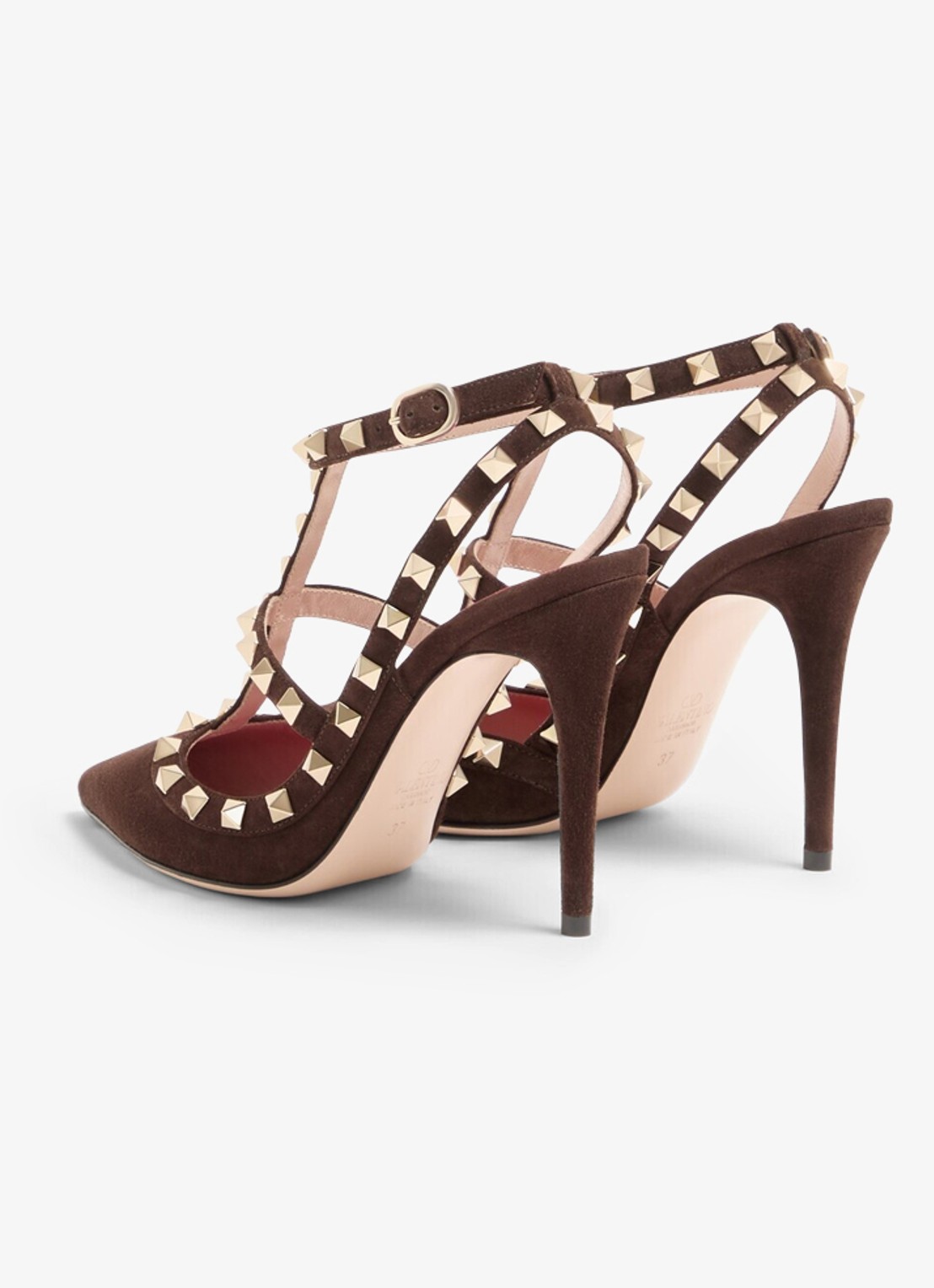 Valentino Garavani Rockstud sandalette van geitensuède met studs - achterkant 3 donkerbruin