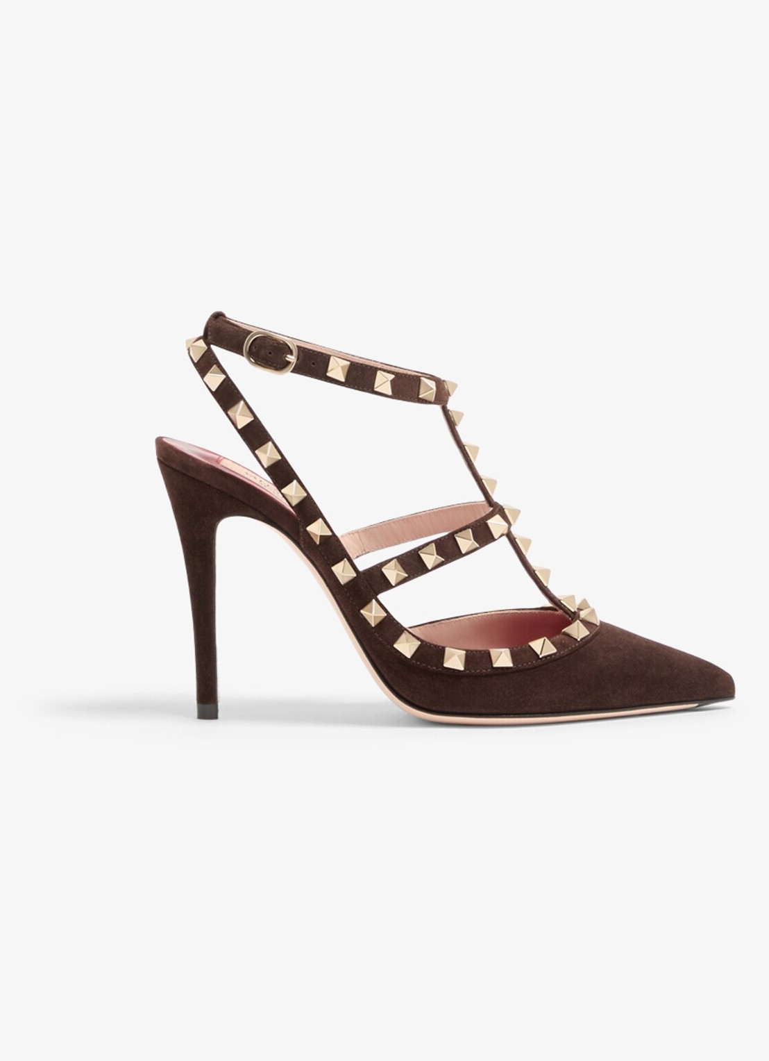 Valentino Garavani Rockstud sandalette van geitensuède met studs - voorkant donkerbruin