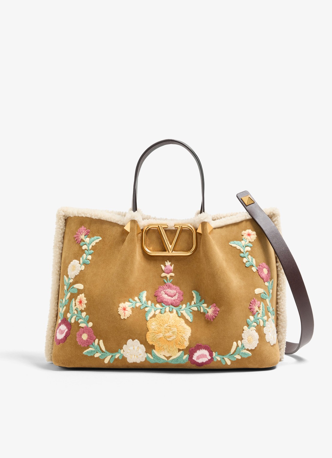 Valentino Garavani Shopper van kalfssuède met bloemborduring - voorkant 4 camel