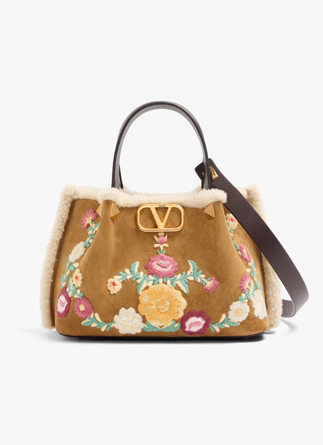 Valentino Garavani Shopper van kalfssuède met bloemborduring - voorkant 5 camel