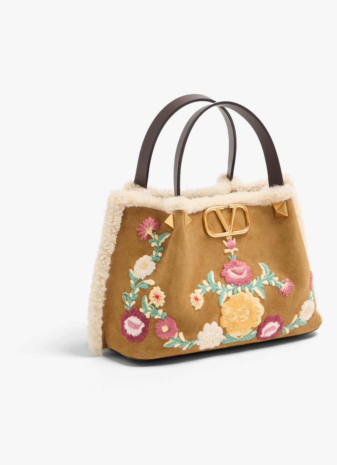 Valentino Garavani Shopper van kalfssuède met bloemborduring - voorkant 6 camel