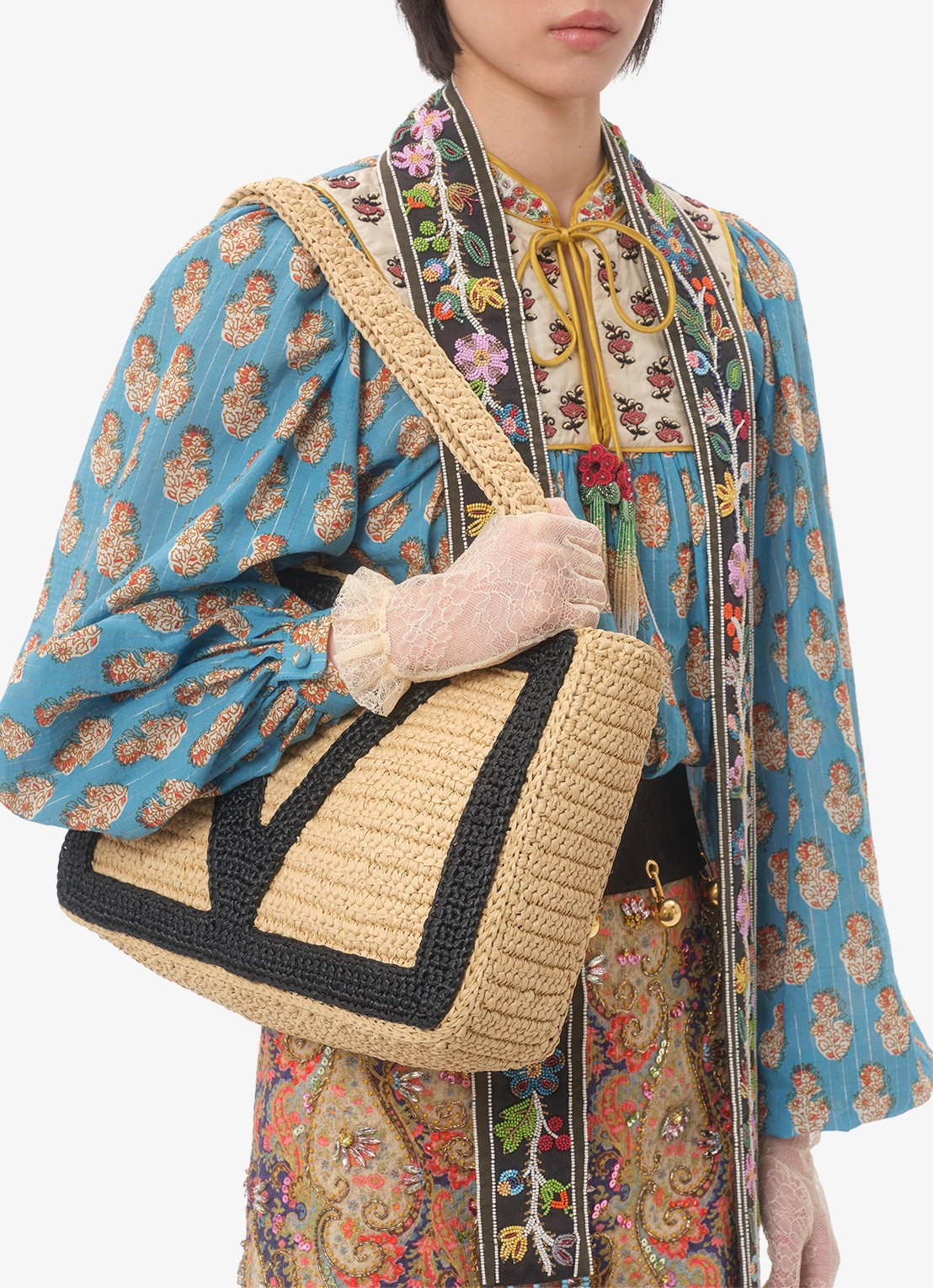 Valentino Garavani Shopper van raffia - voorkant 7 beige