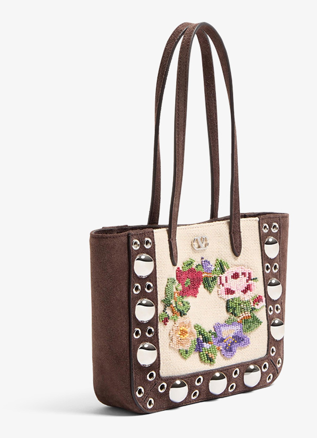 Valentino Garavani Shopper van suède met kralendecoratie - detail donkerbruin