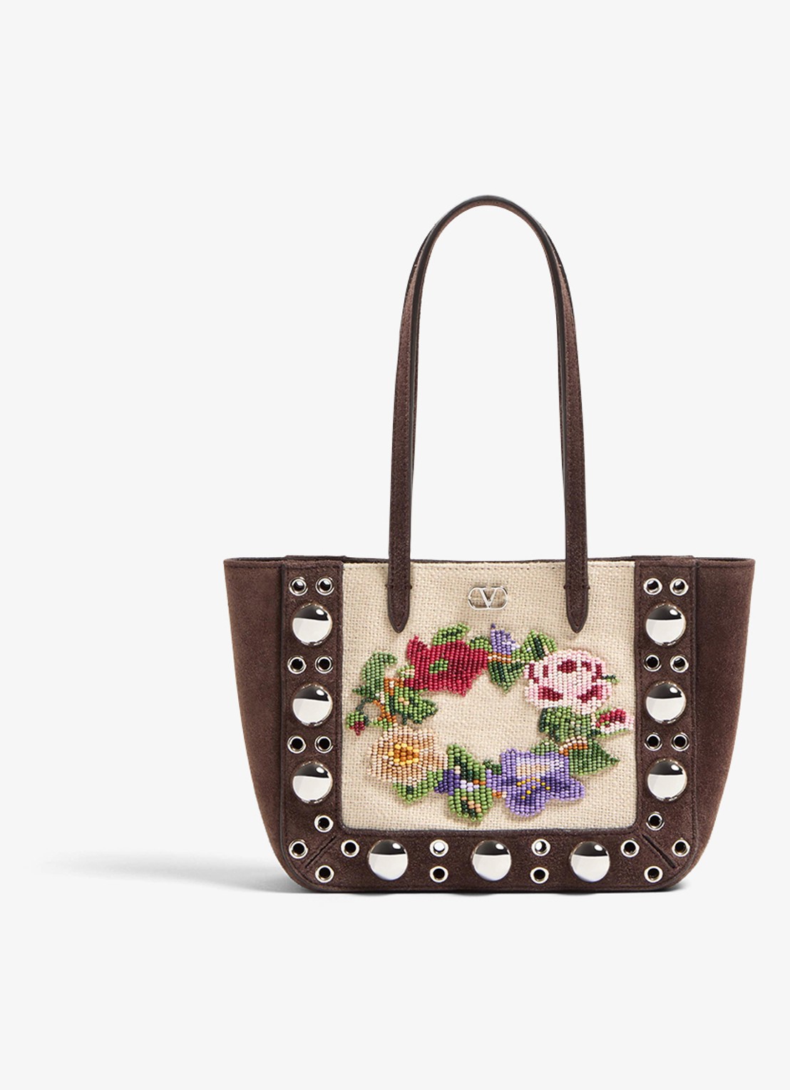 Valentino Garavani Shopper van suède met kralendecoratie - voorkant 5 donkerbruin