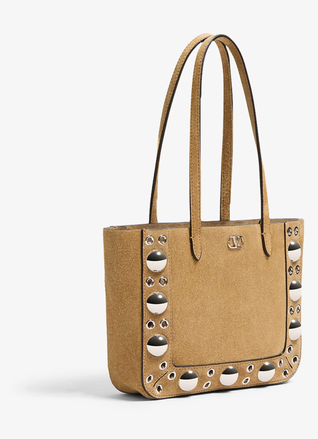 Valentino Garavani Shopper van suède met studs - voorkant 2 beige