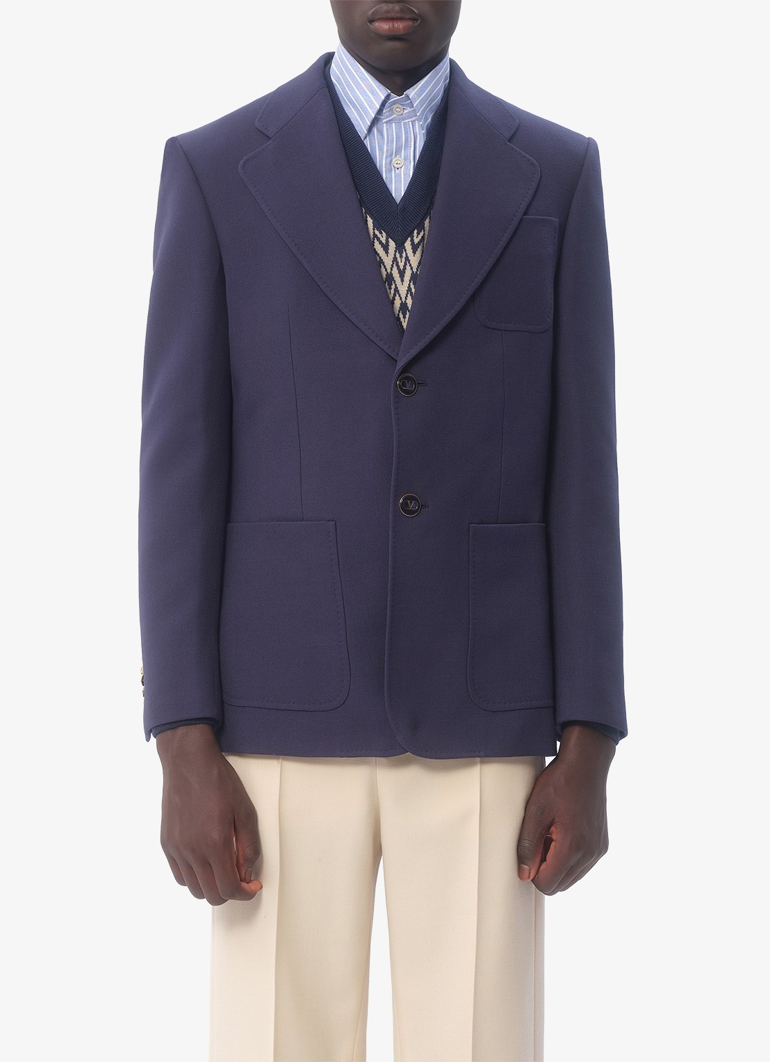 Valentino Garavani Slim fit colbert van scheerwol met opgestikte zakken - detail donkerblauw
