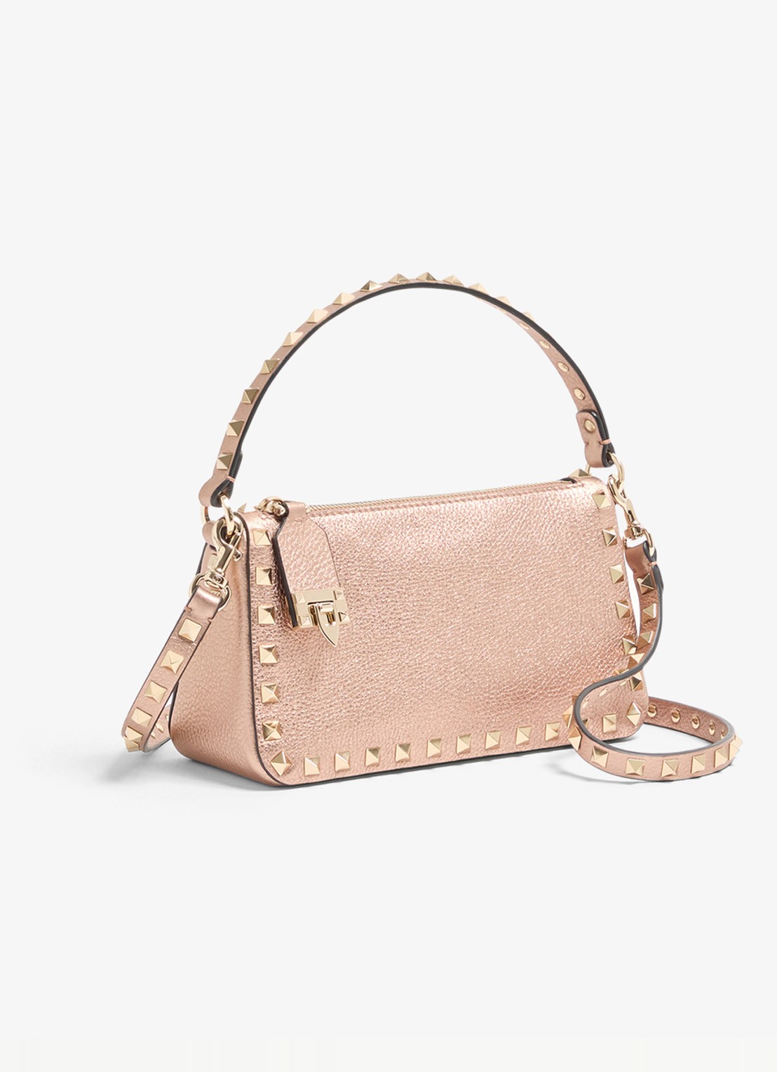 Valentino Garavani Small handtas van kalfsleer met metallic finish en studs - voorkant 2 roze