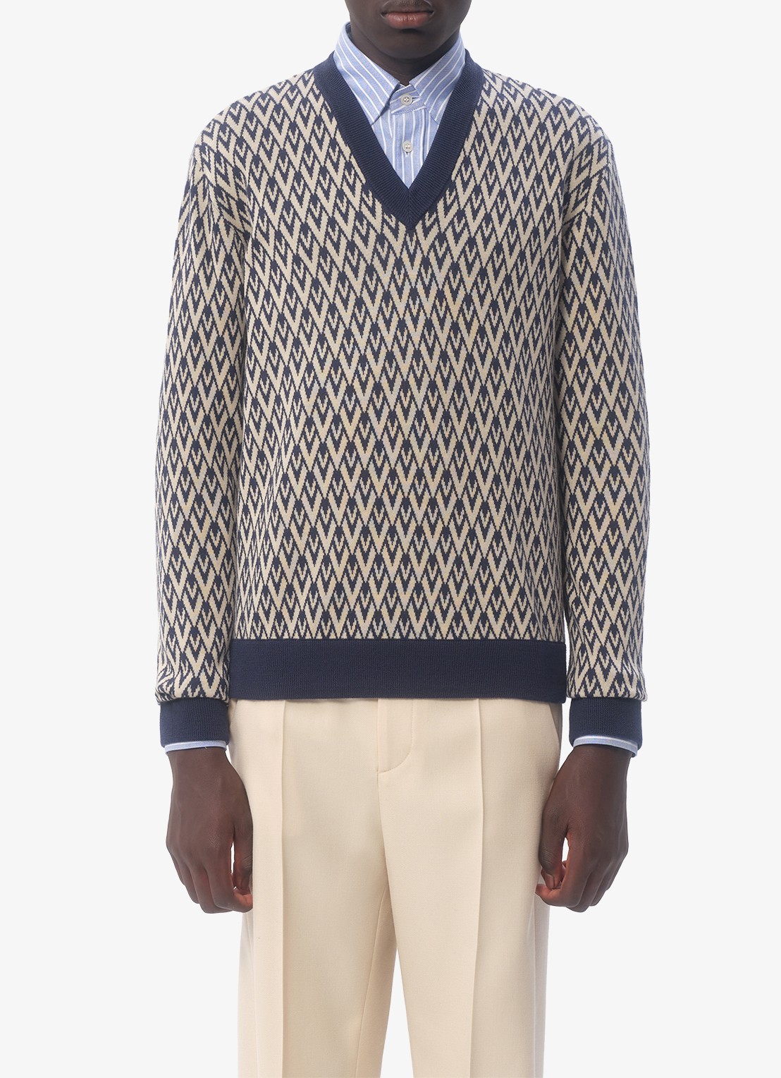 Valentino Garavani Toute la V fijngebreide pullover van scheerwol met grafische print - detail 4 donkerblauw