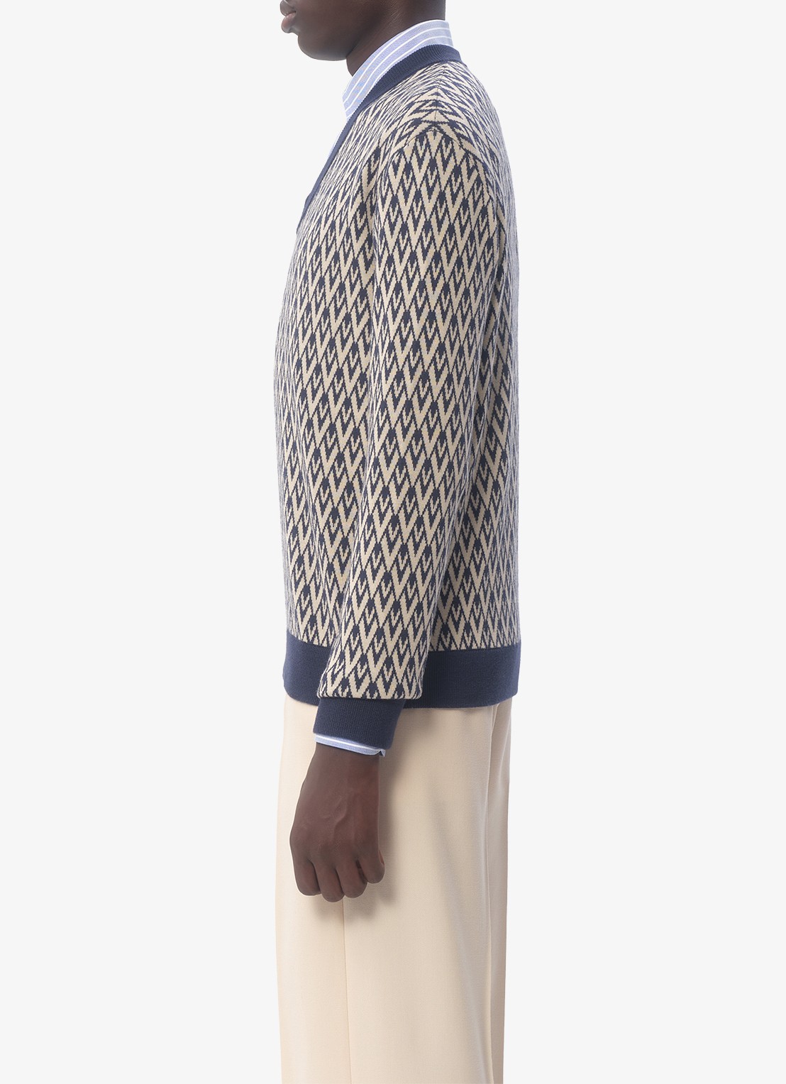 Valentino Garavani Toute la V fijngebreide pullover van scheerwol met grafische print - detail 5 donkerblauw
