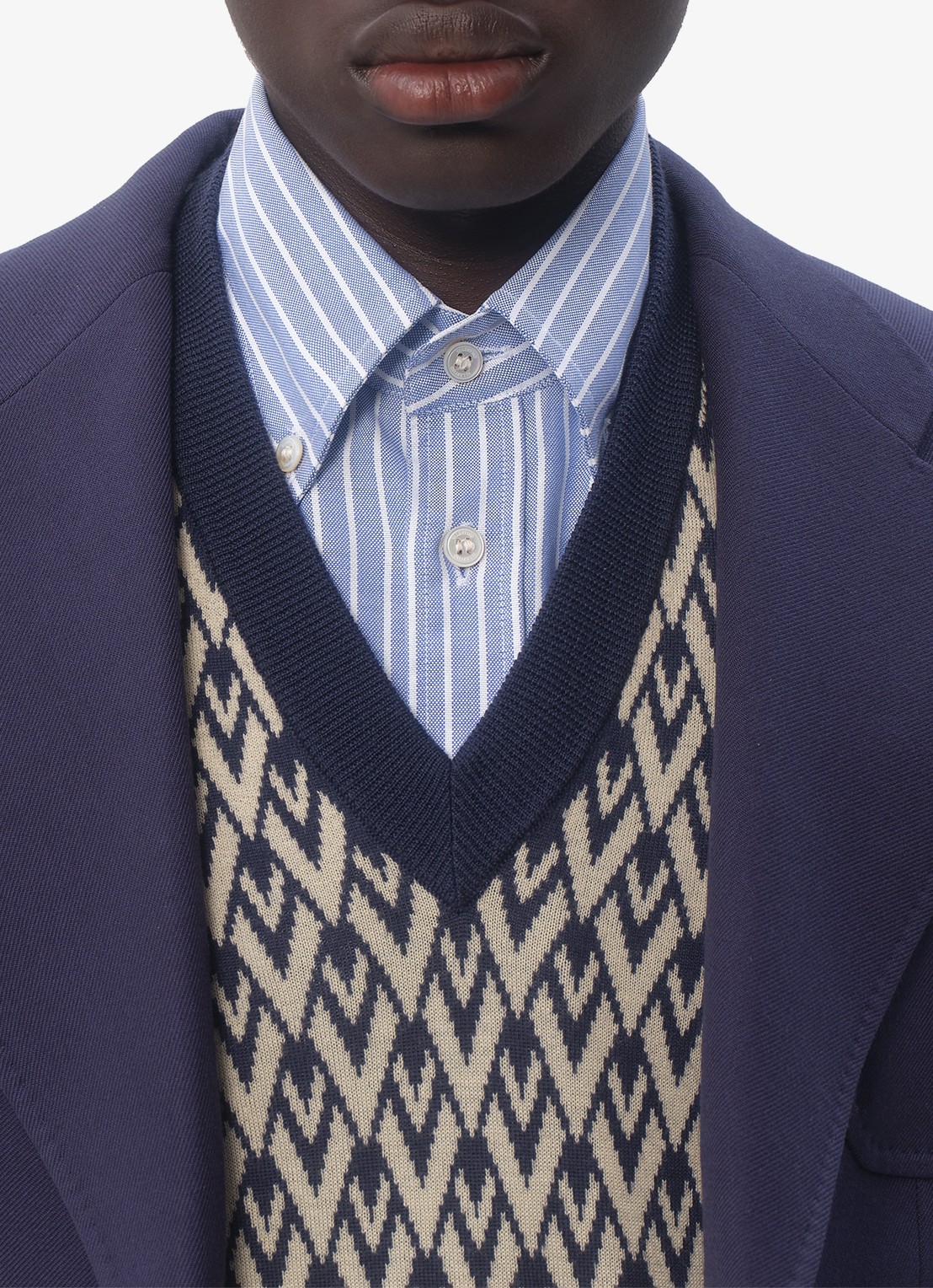 Valentino Garavani Toute la V fijngebreide pullover van scheerwol met grafische print - detail 6 donkerblauw