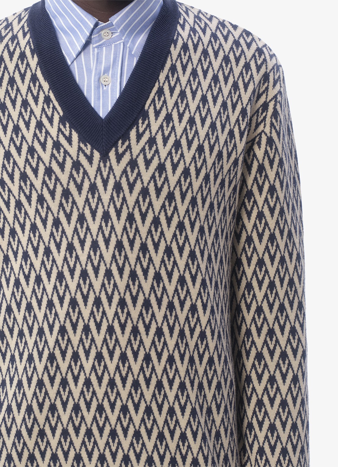 Valentino Garavani Toute la V fijngebreide pullover van scheerwol met grafische print - detail 7 donkerblauw