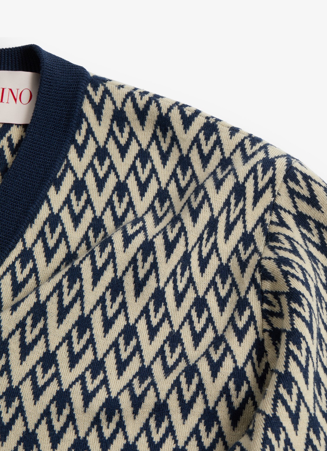 Valentino Garavani Toute la V fijngebreide pullover van scheerwol met grafische print - detail 8 donkerblauw