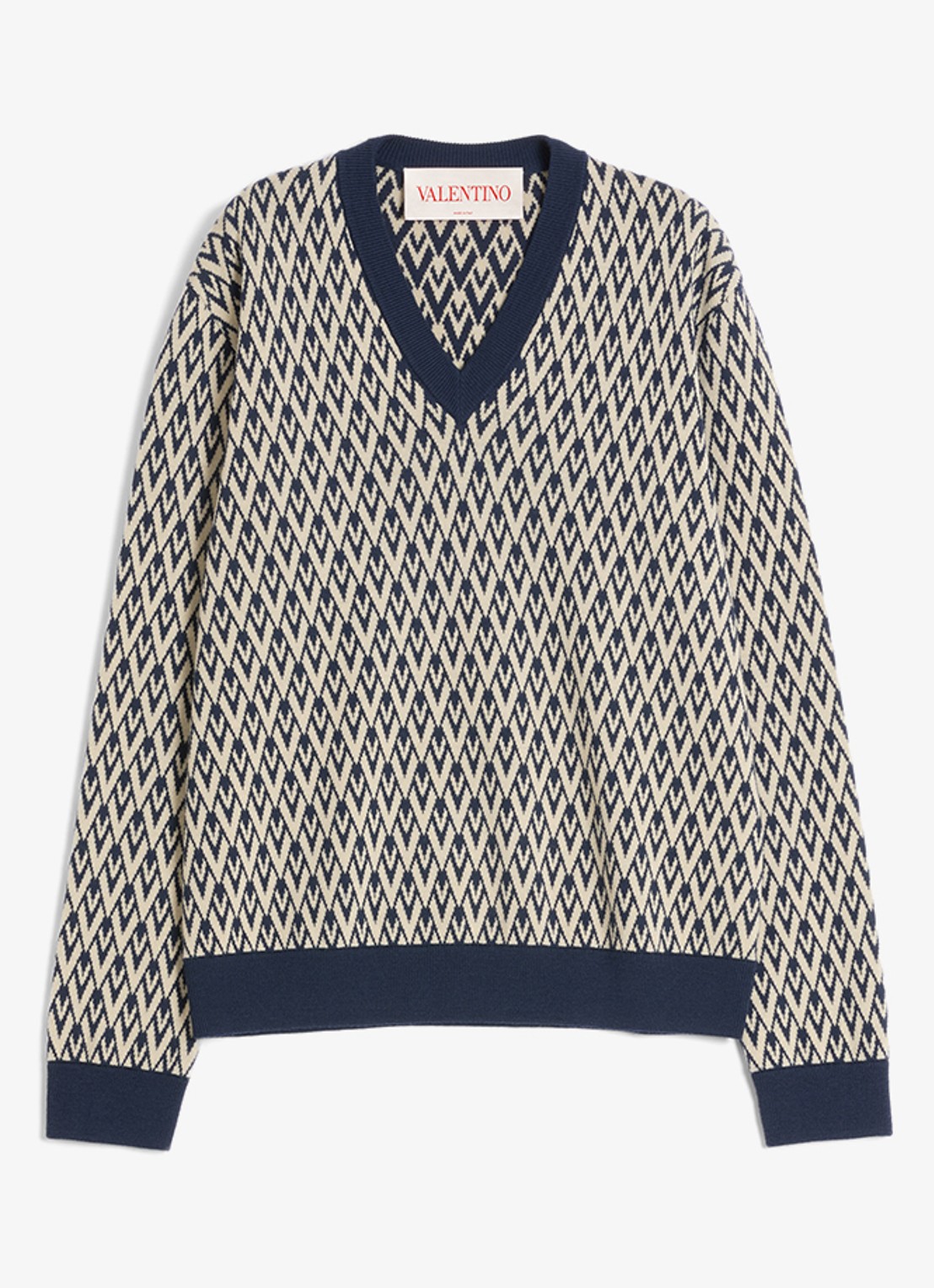 Valentino Garavani Toute la V fijngebreide pullover van scheerwol met grafische print - voorkant 2 donkerblauw