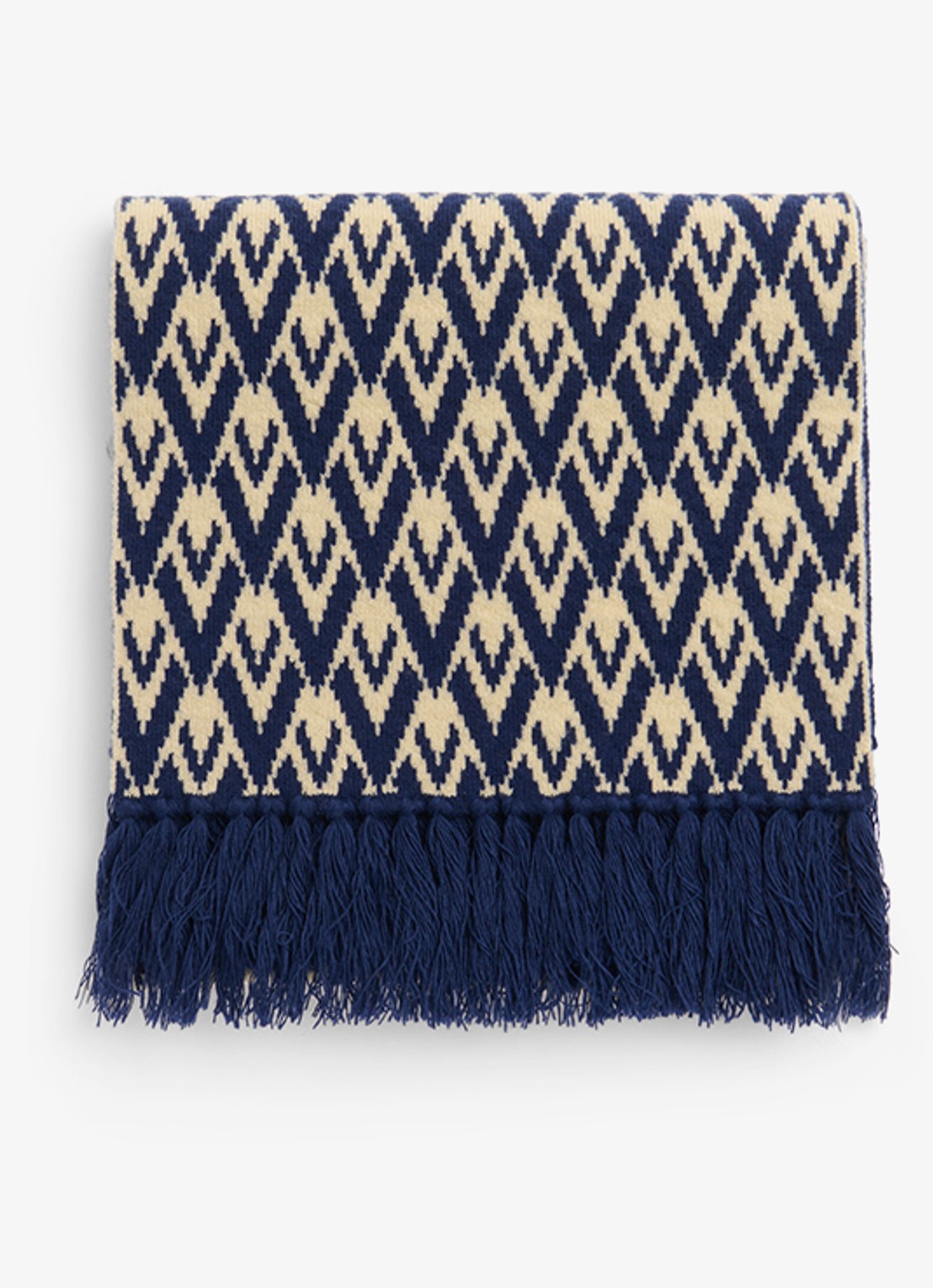 Valentino Garavani Toute la V fijngebreide sjaal van scheerwol met ingebreid patroon 200 x 20 cm - voorkant donkerblauw