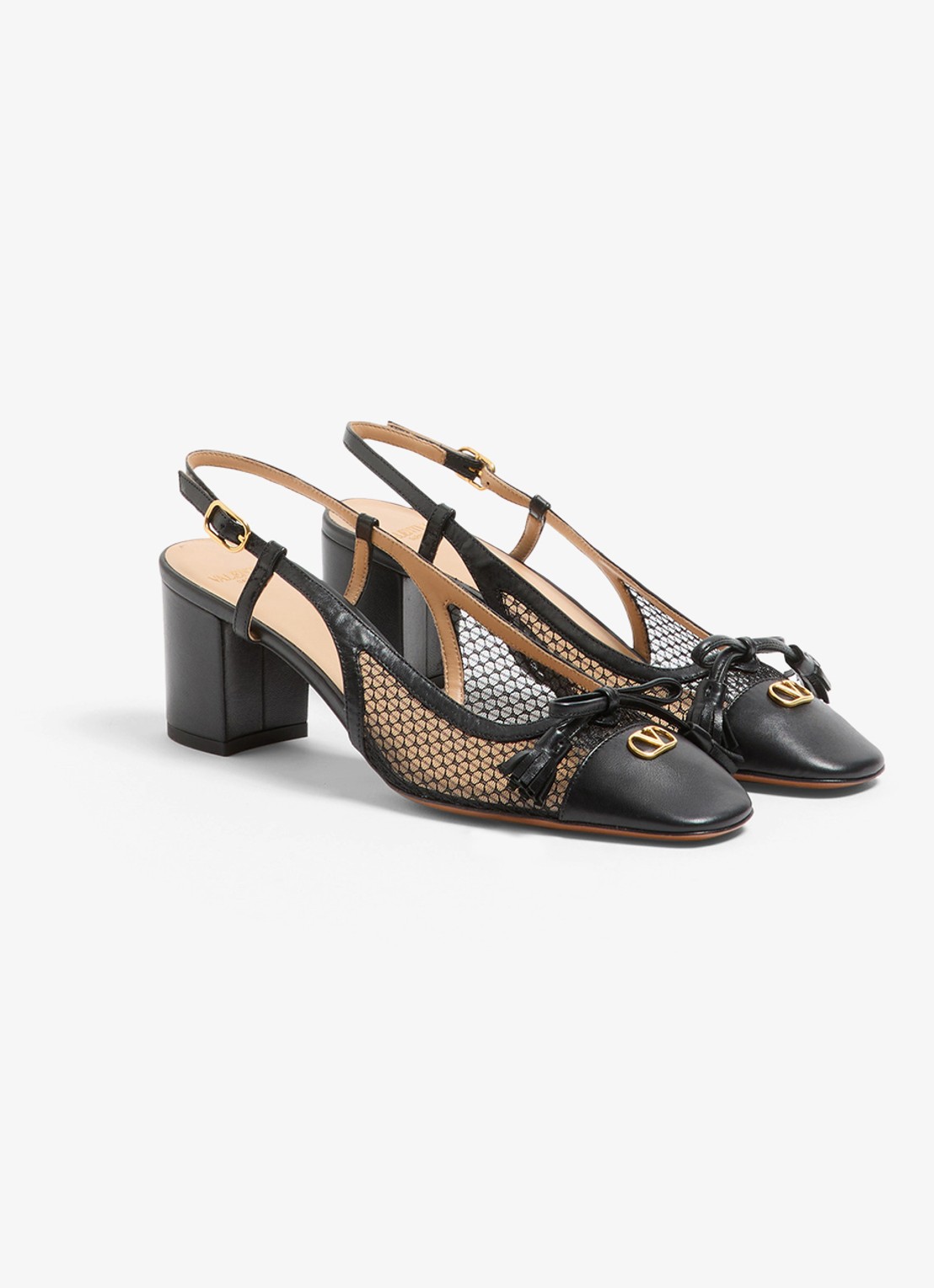 Valentino Garavani Valet Du Roi slingback van geitenleer met mesh details - voorkant 3 zwart