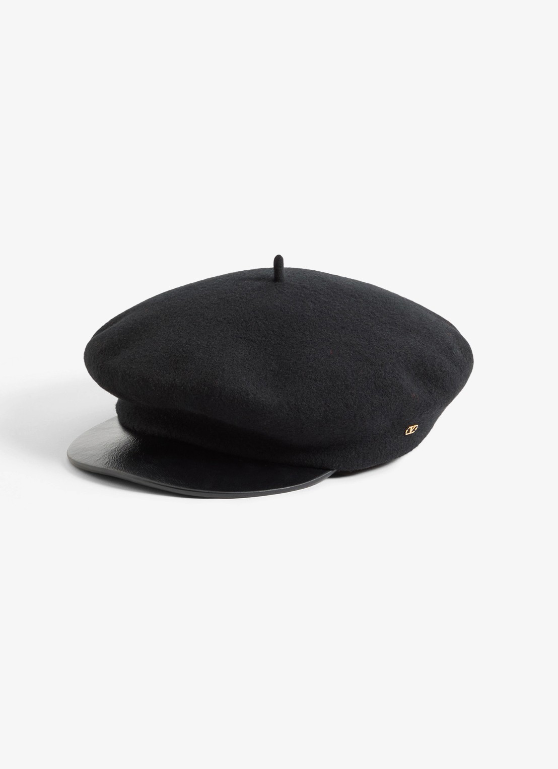 Valentino Garavani Vlogo Signature flatcap van wol met leren details - voorkant 2 zwart