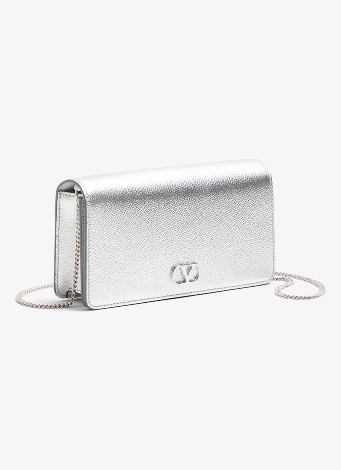 Valentino Garavani VLogo Signature Mini crossbodytas van kalfsleer met metallic finish - voorkant 2 zilver