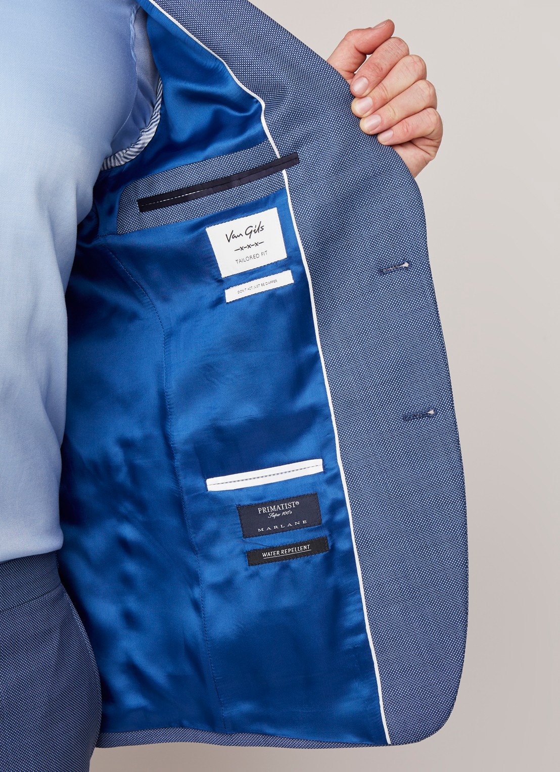 Van Gils Ellis tailored fit colbert van scheerwol met micro birdseye dessin - detail 3 blauw