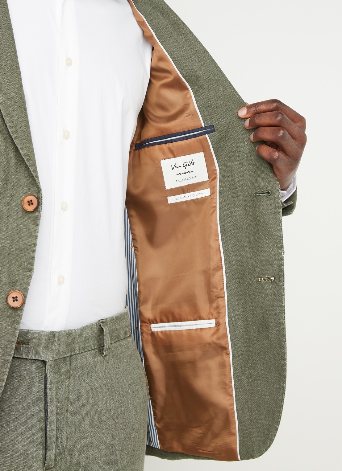 Van Gils Elray slim fit colbert van linnen - detail 2 olijfgroen