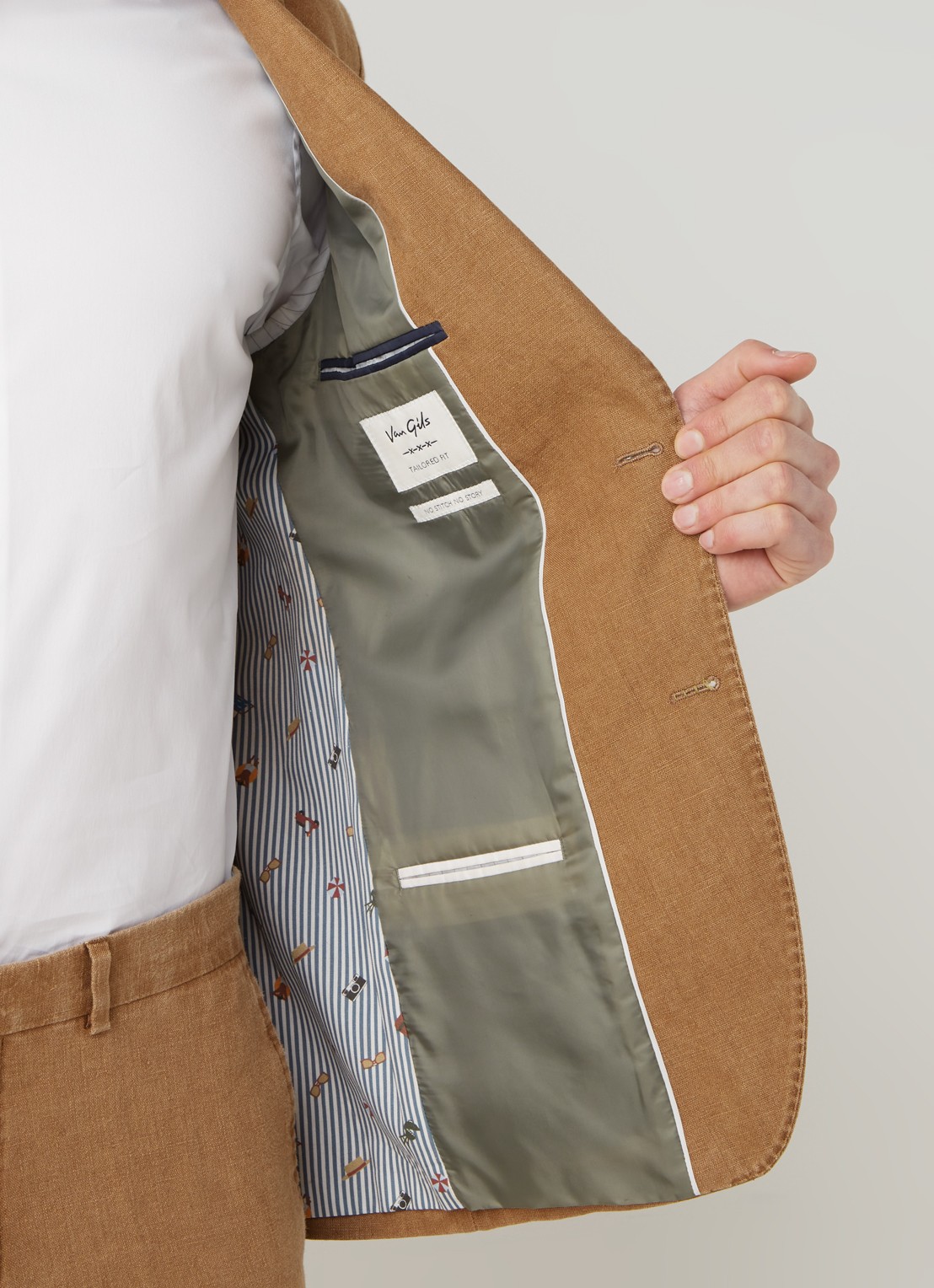 Van Gils Elray slim fit colbert van linnen - detail 5 camel