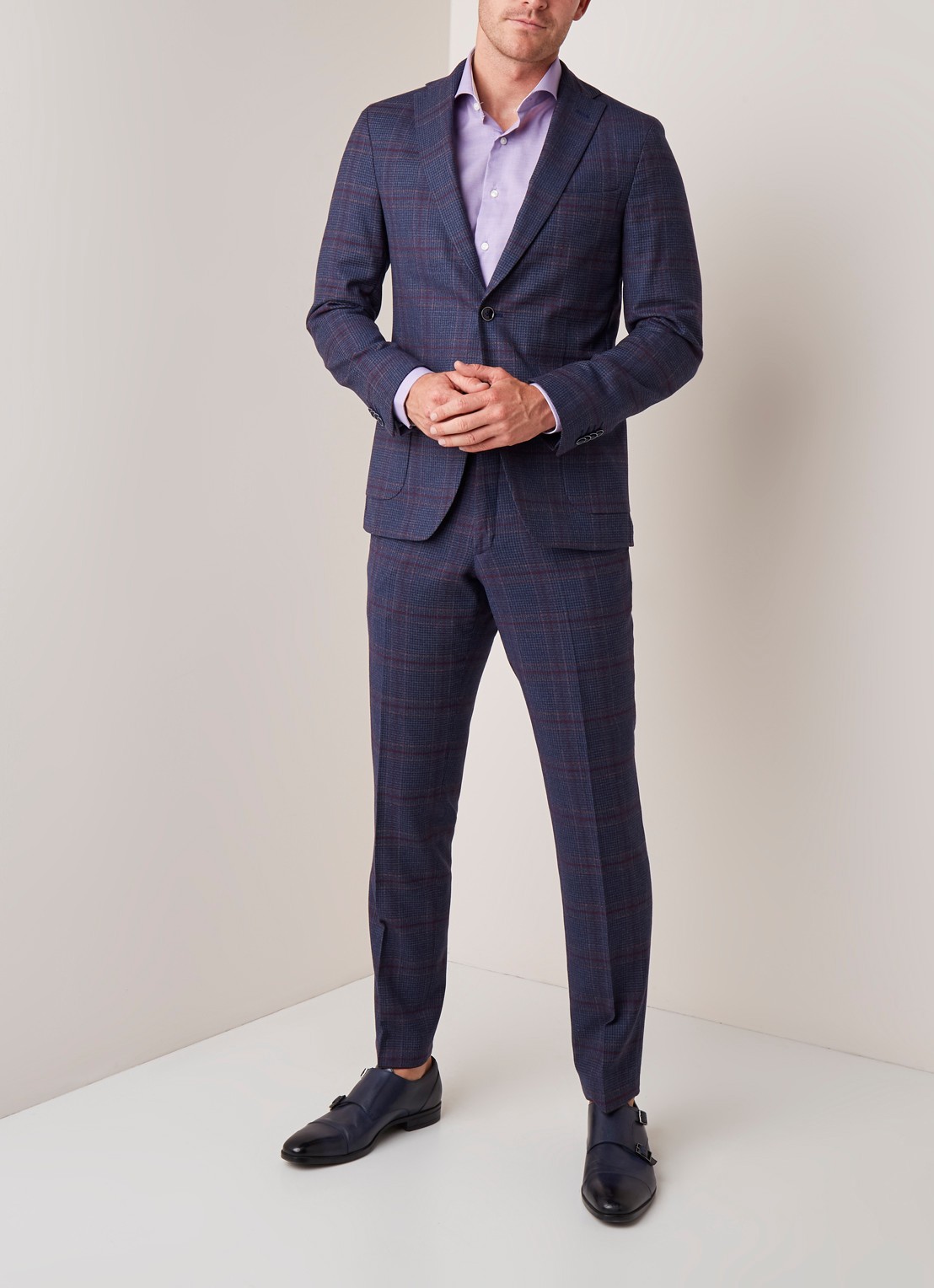 Van Gils Elray tailored fit colbert van scheerwol met ruitdessin - voorkant 2 donkerblauw