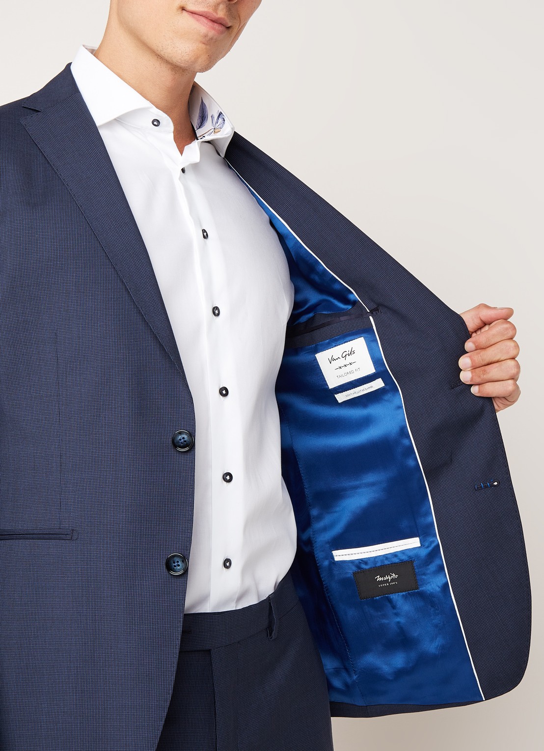 Van Gils Elray Welt tailored fit pak van scheerwol met micro pied-de-poule desisn - detail 6 donkerblauw