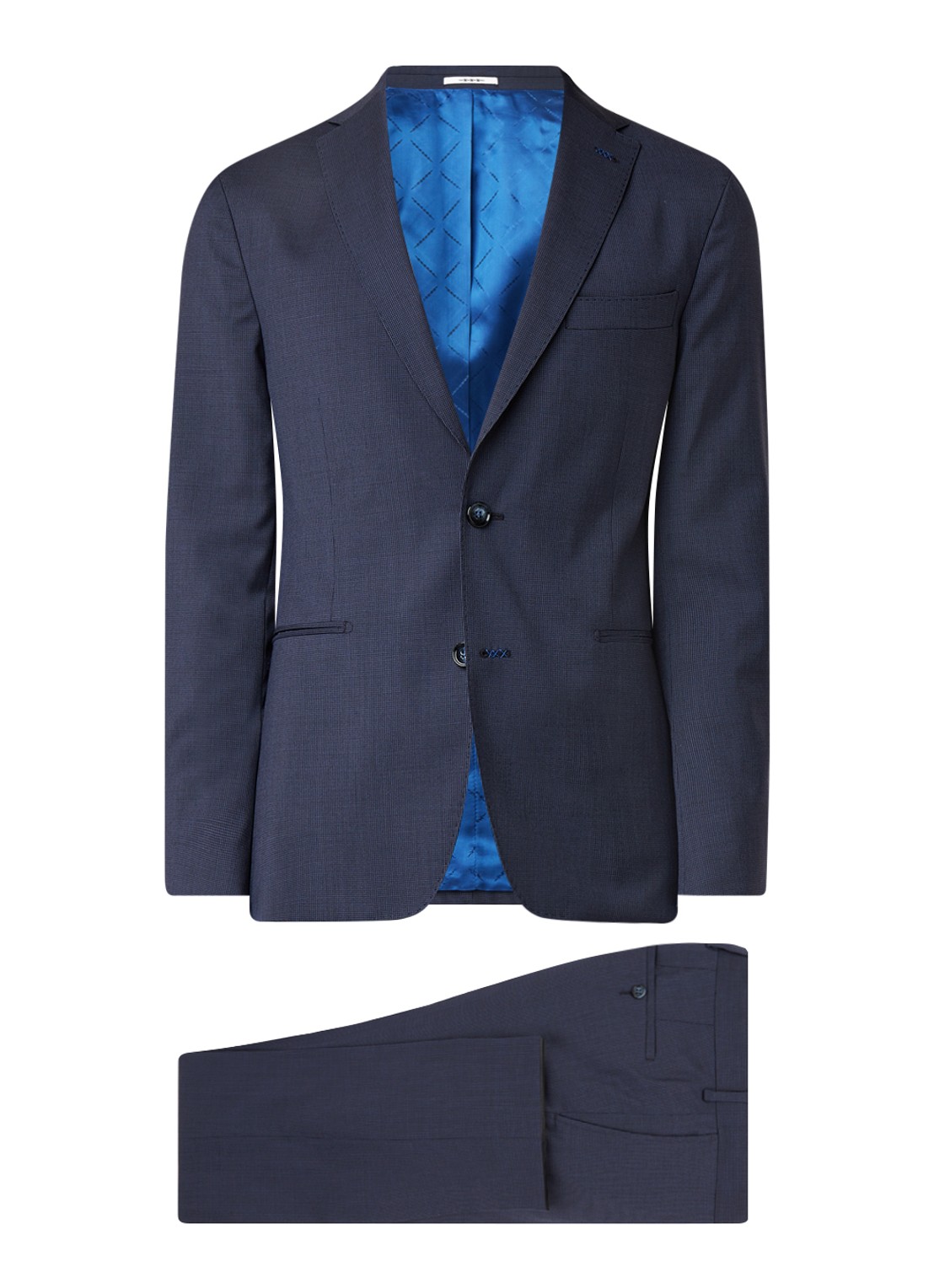 Van Gils Elray Welt tailored fit pak van scheerwol met micro pied-de-poule desisn - voorkant 2 donkerblauw