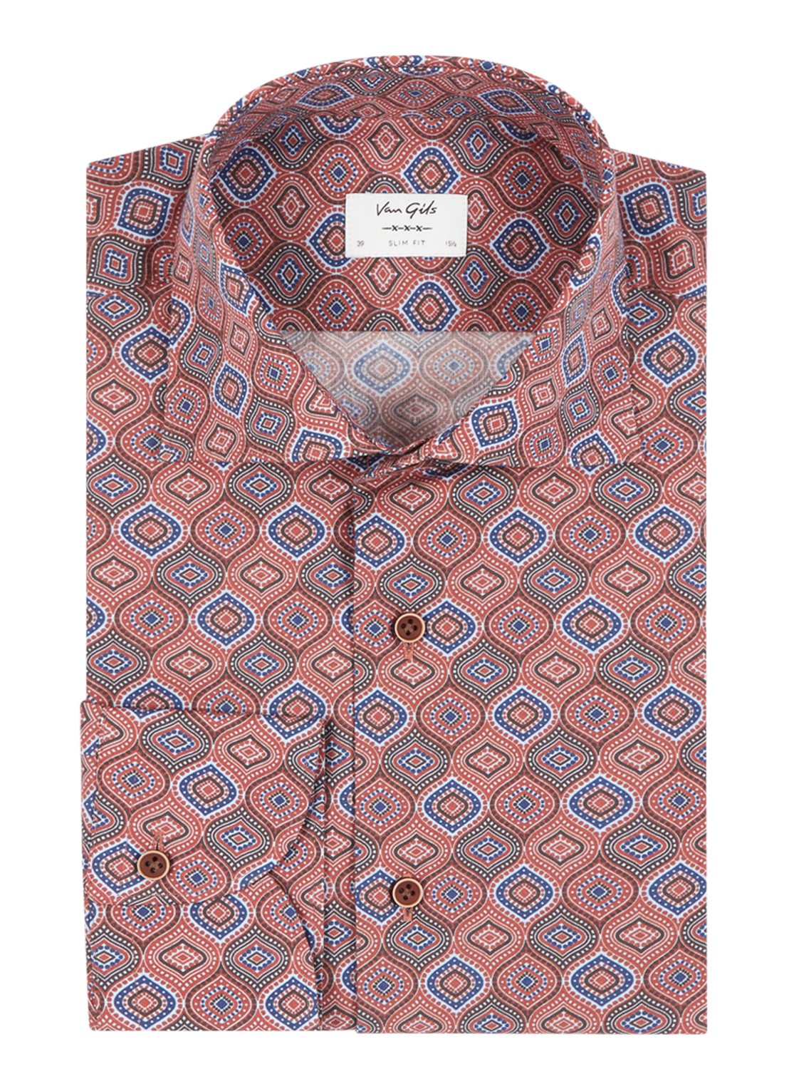 Van Gils Exan slim fit overhemd met retro dessin - voorkant 2 steenrood