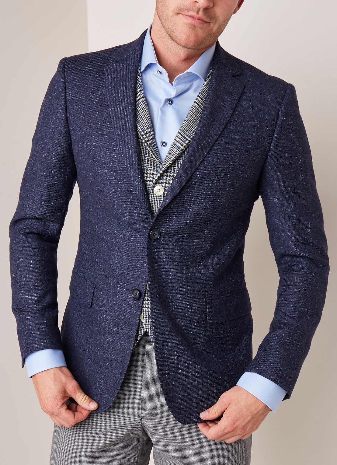 Van Gils Zayn slim fit colbert in gemêleerde wolblend - detail 3 donkerblauw