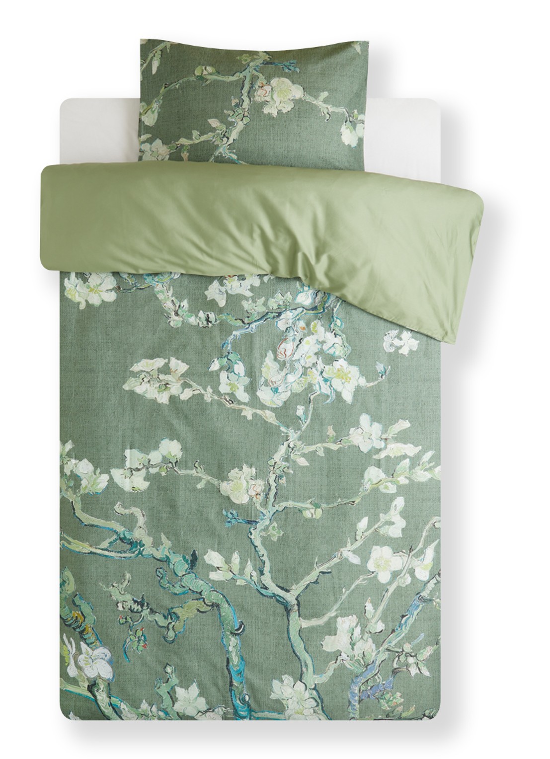 Van Gogh Museum Almond Blossom dekbedovertrekset van katoensatijn 220TC - inclusief kussenslopen - voorkant groen