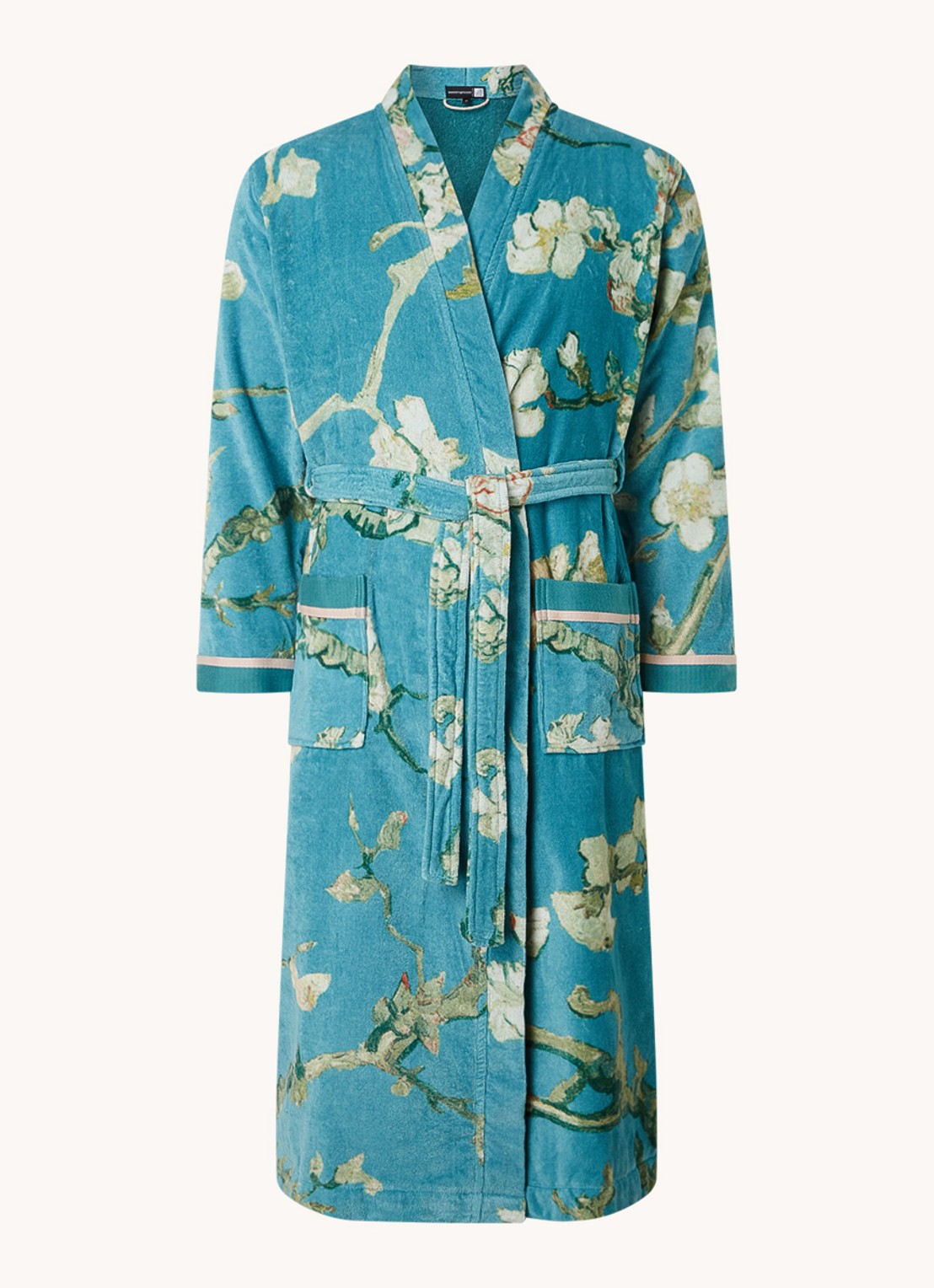 Van Gogh Museum Blossom badjas van katoen met bloemenprint - voorkant turquoise