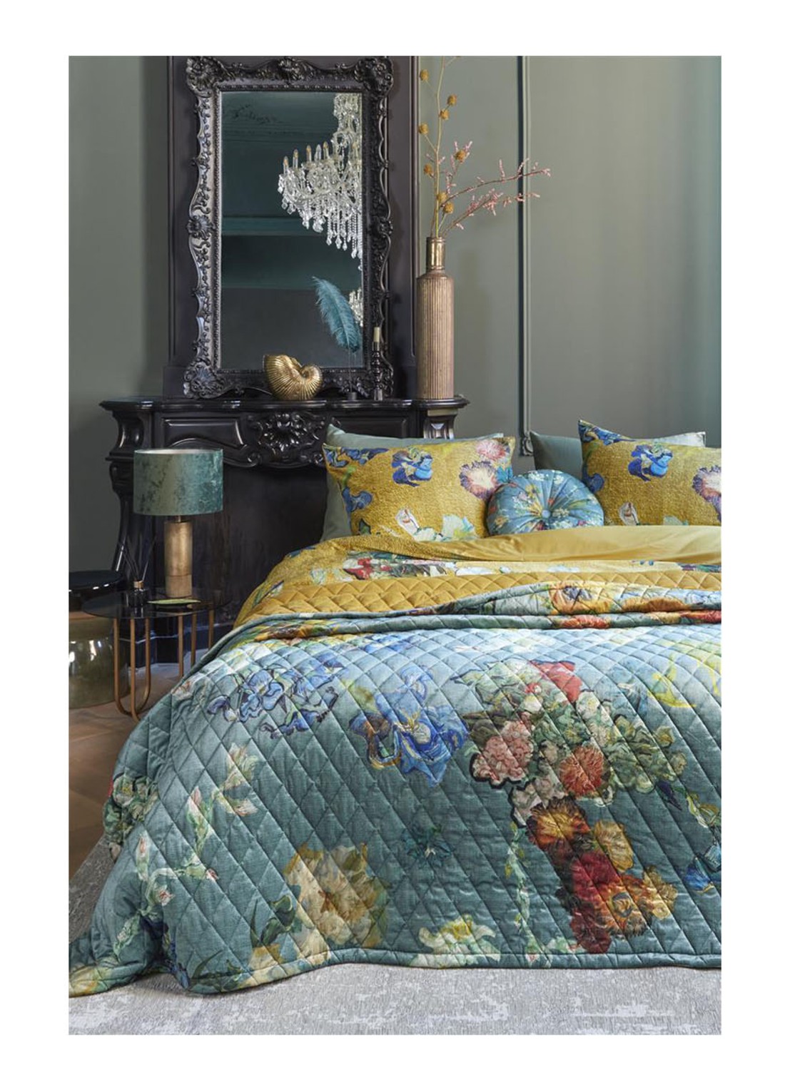 Van Gogh Museum Partout des Fleurs bedsprei van fluweel - voorkant 2 zeegroen
