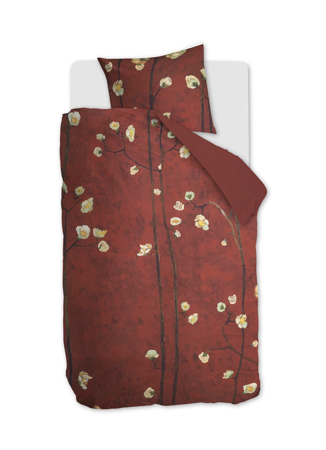 Van Gogh Museum Plum Blossoms dekbedovertrekset van katoensatijn 220 TC - inclusief kussenslopen - voorkant donkerrood