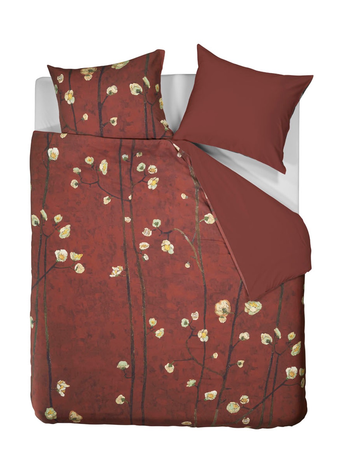 Van Gogh Museum Plum Blossoms dekbedovertrekset van katoensatijn 220 TC - inclusief kussenslopen - voorkant 3 donkerrood