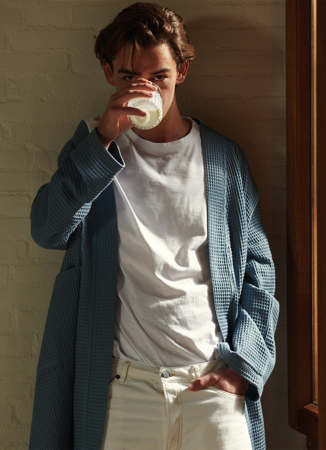 Vandyck Biarritz badjas met wafelstructuur - unisex - voorkant 2 blauw