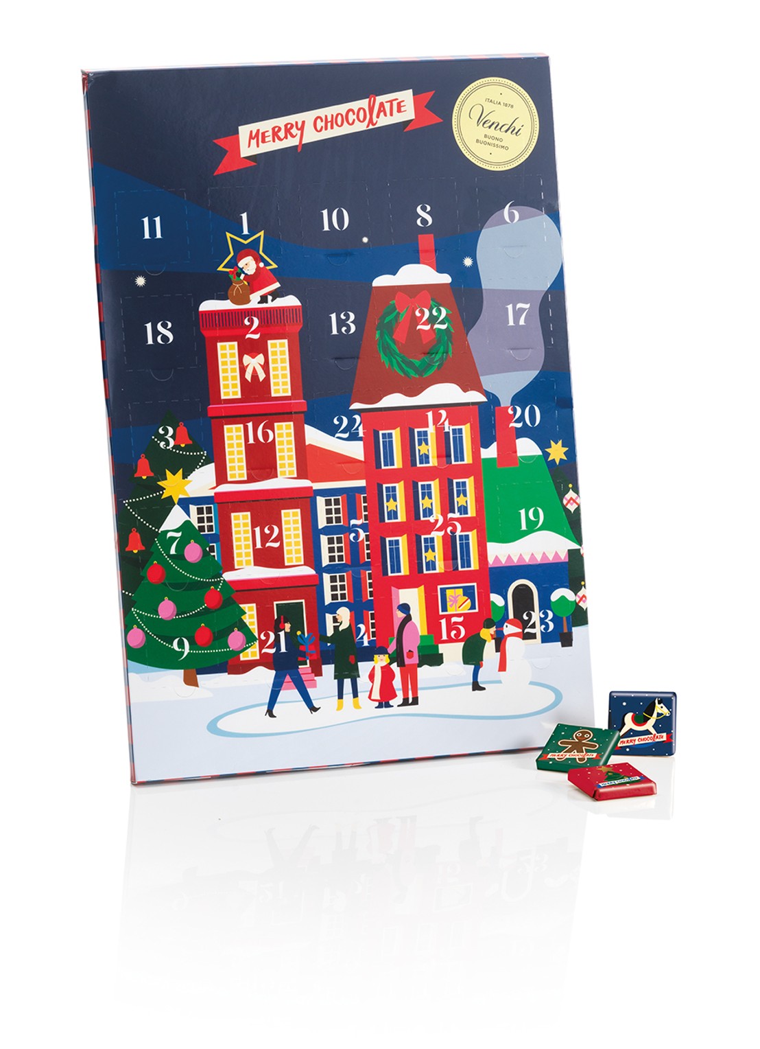Venchi Alice adventskalender met chocolade - 24 dagen - voorkant donkerblauw