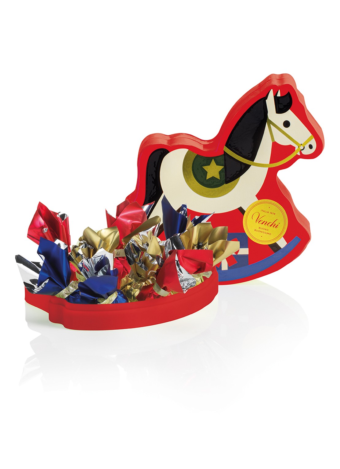 Venchi Rocking Horse chocolade bonbons in blik 160 gram - voorkant undefined