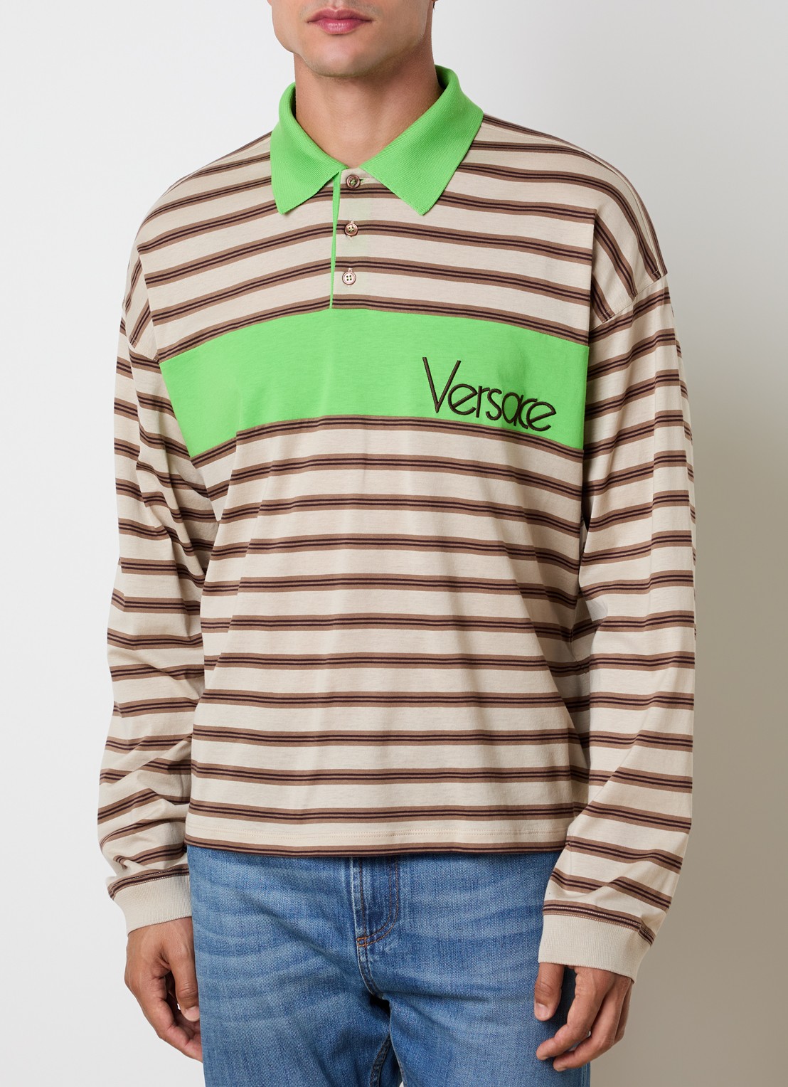 Versace Intarsia regular fit polo met logoborduring - detail 3 zand