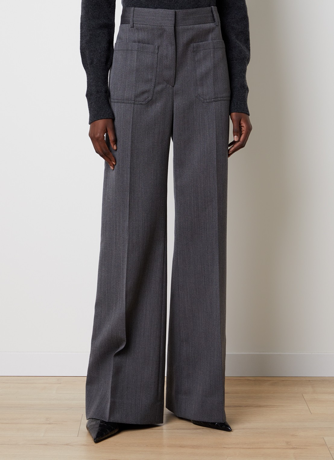 Victoria Beckham Alina high waist straight fit pantalon van scheerwol met gemêleerd dessin - detail 4 middengrijs