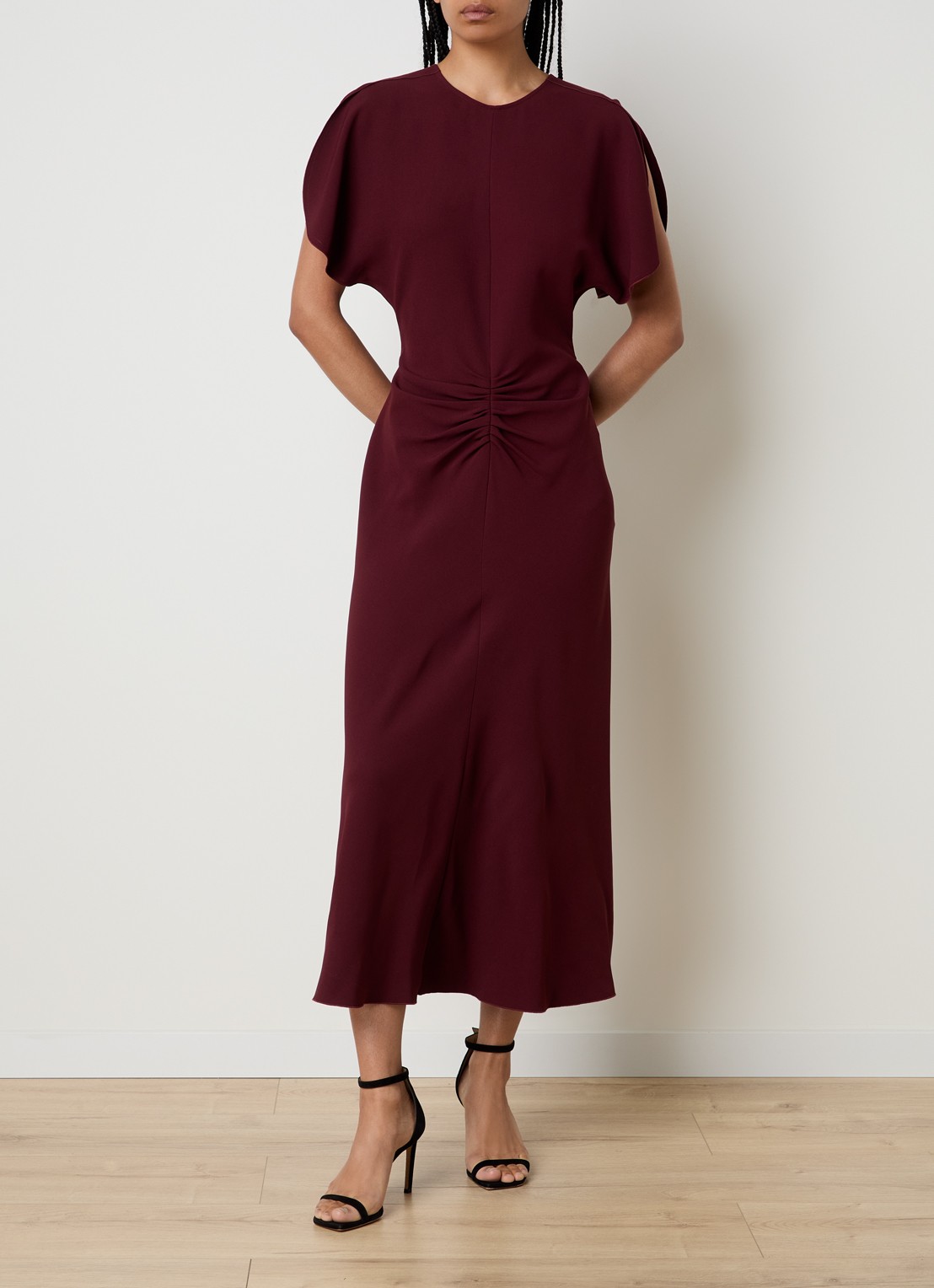 Victoria Beckham Bela midi jurk met gedrapeerd detail - detail 4 bordeauxrood
