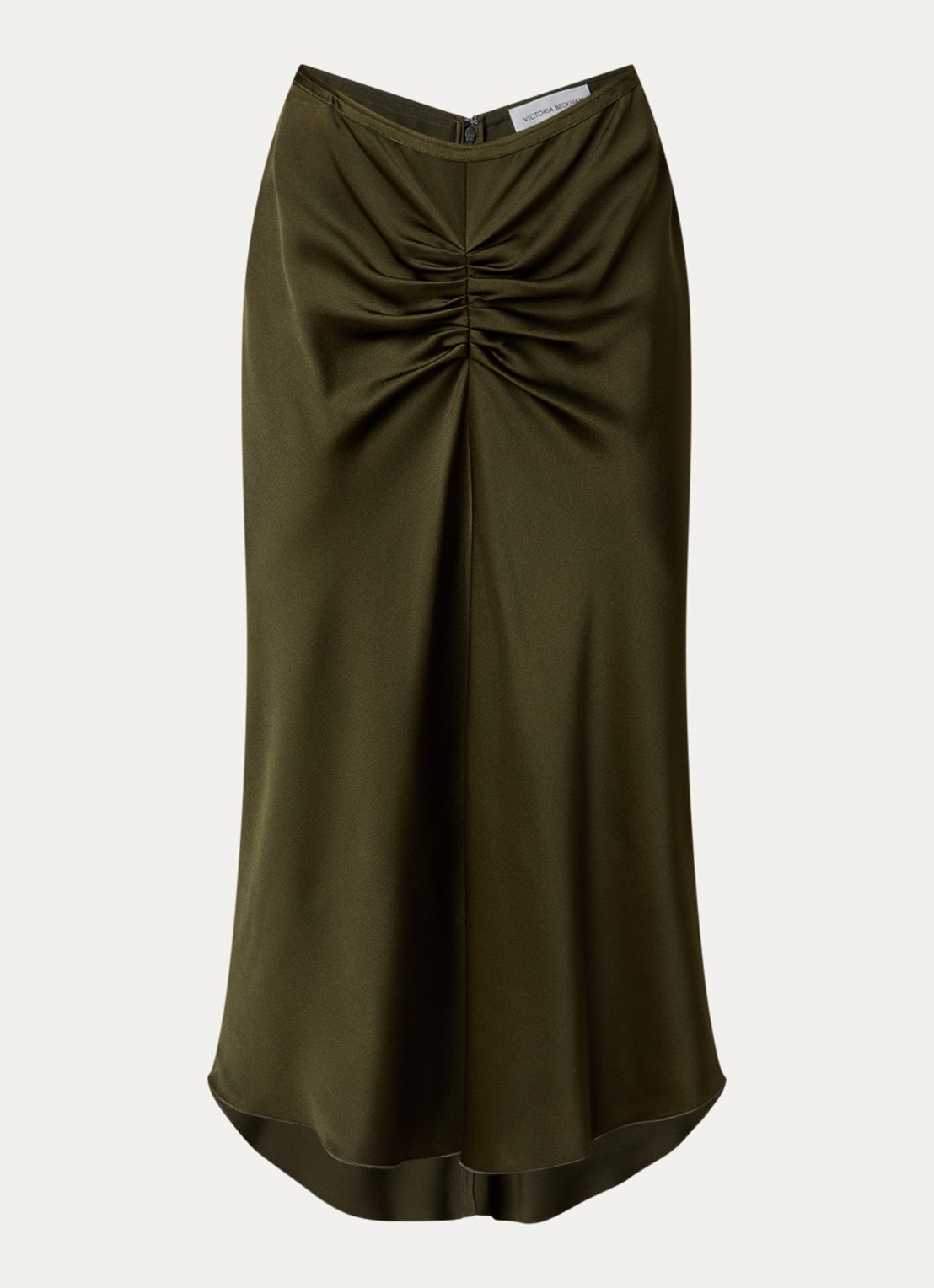 Victoria Beckham Bela midi rok van satijn met ruches - voorkant mosgroen
