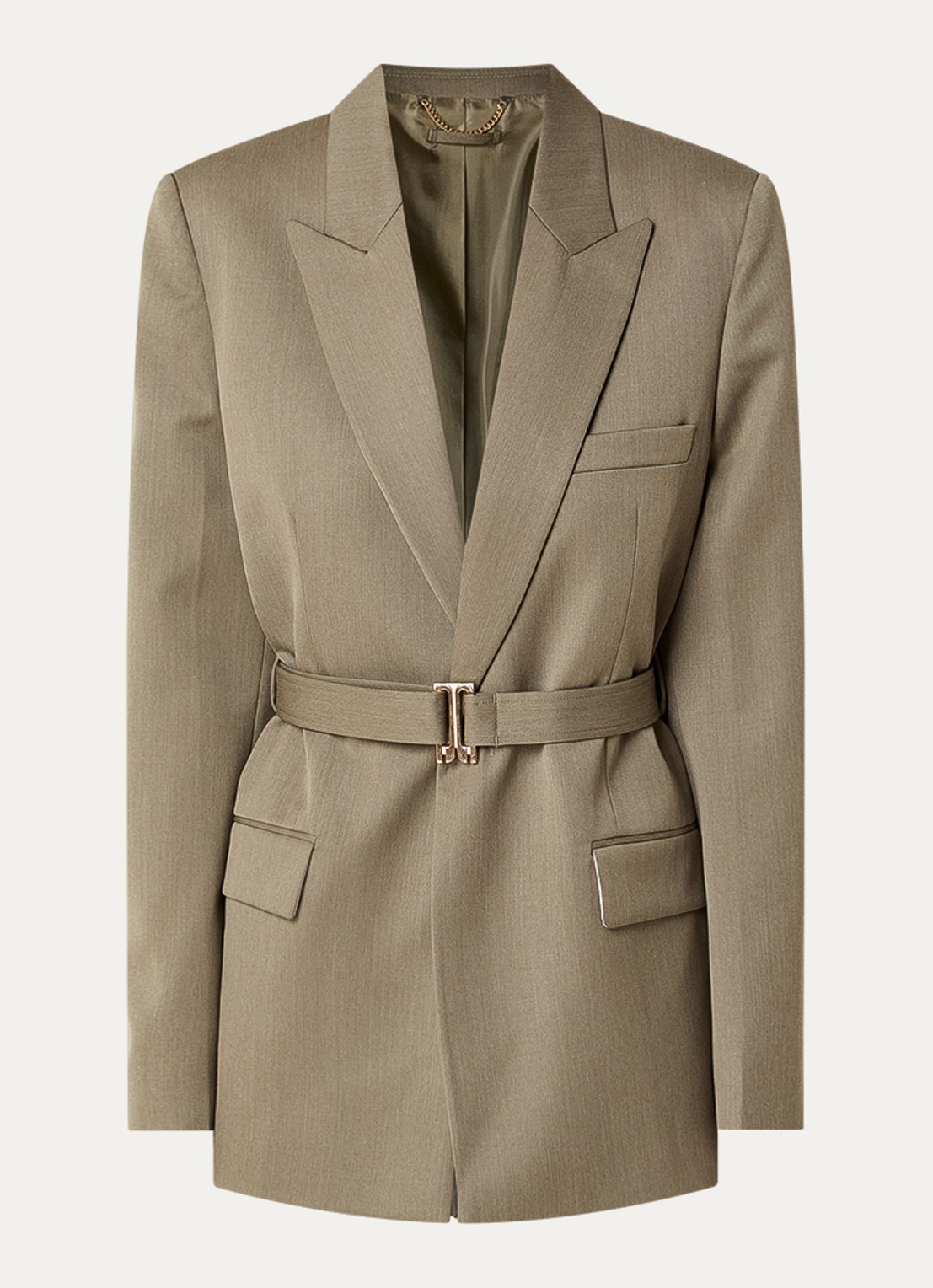 Victoria Beckham Blazer in wolblend met ceintuur - voorkant olijfgroen