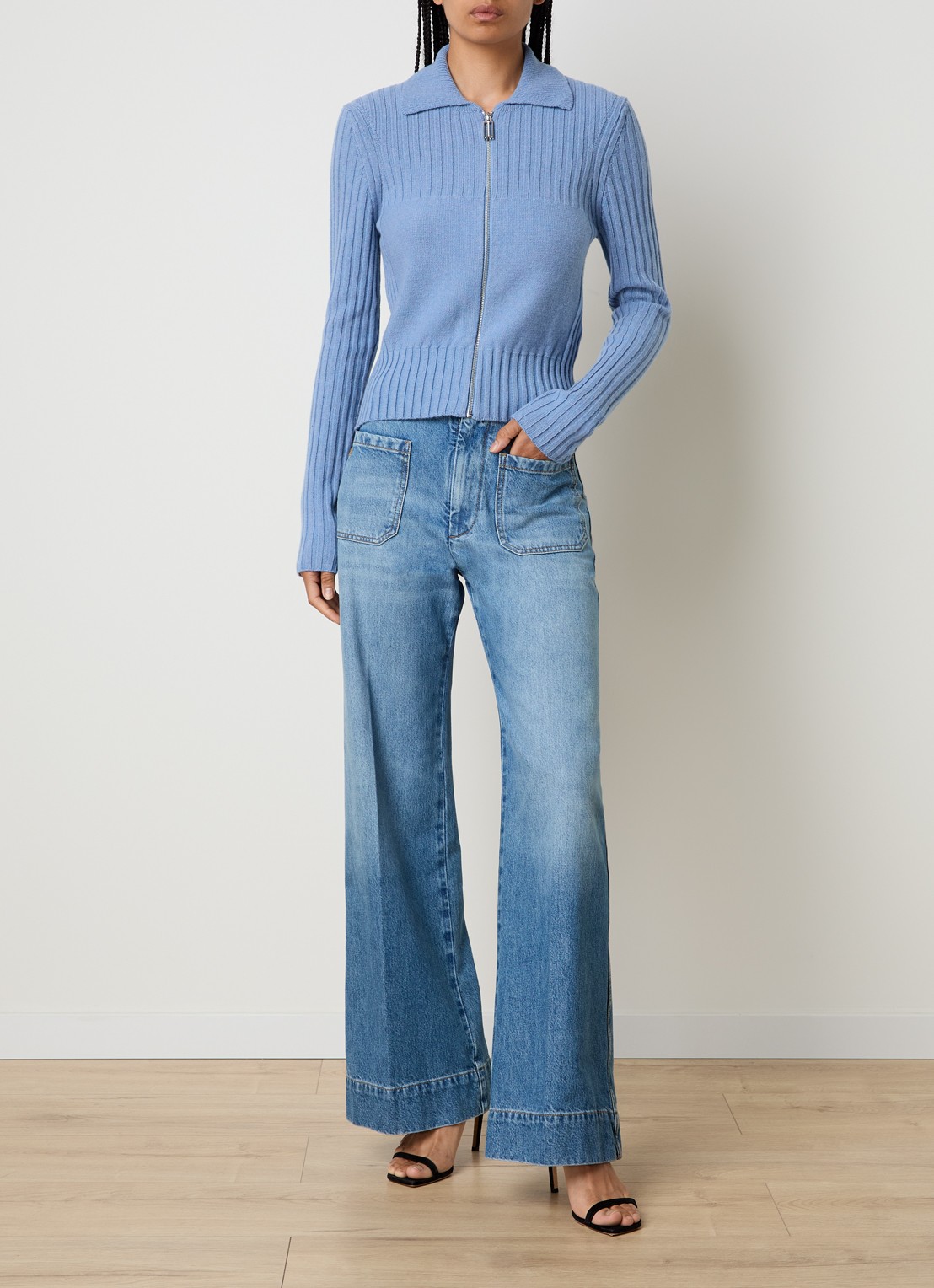 Victoria Beckham Fijngebreid vest in kasjmierblend - voorkant 5 blauwgrijs