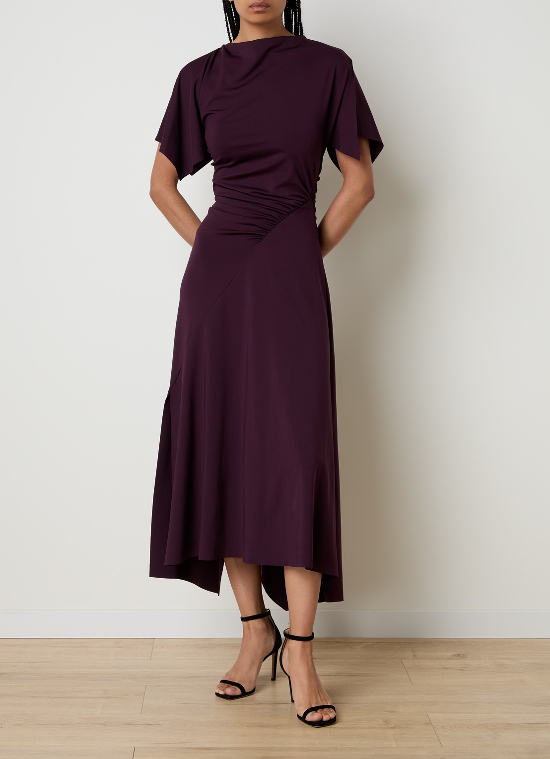 Victoria Beckham Midi jurk met asymmetrische zoom en ruches - detail 3 aubergine