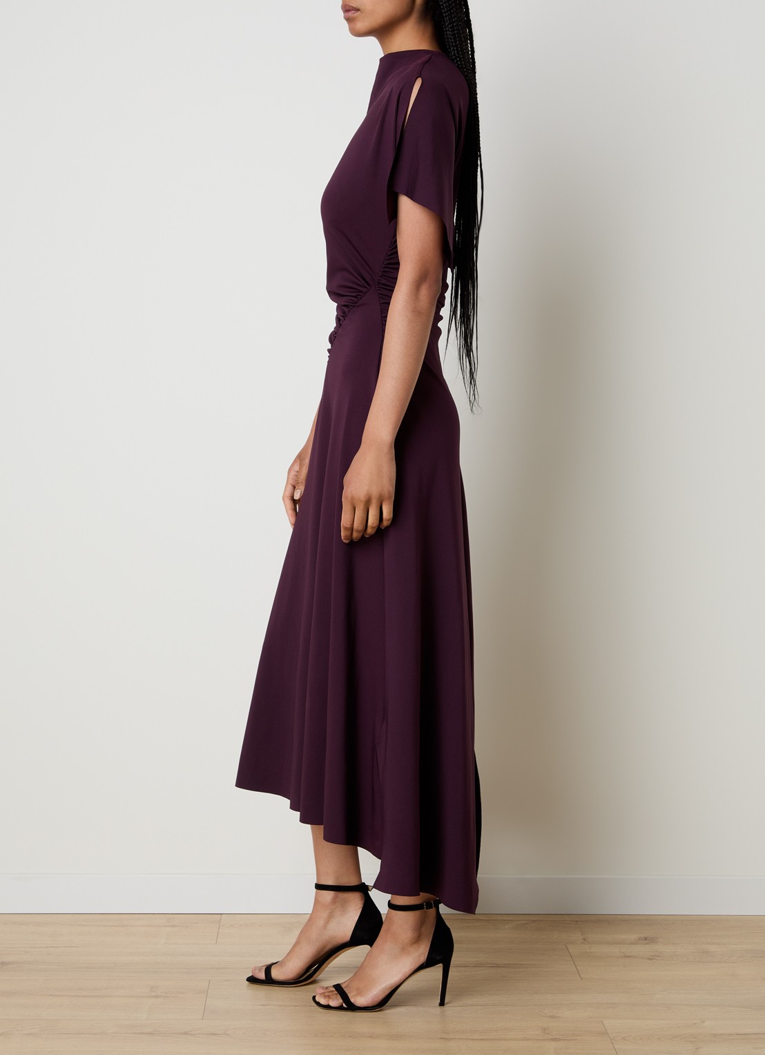 Victoria Beckham Midi jurk met asymmetrische zoom en ruches - voorkant 2 aubergine