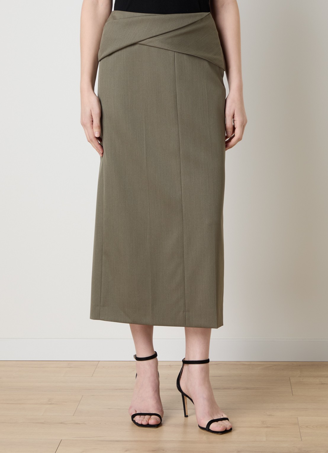 Victoria Beckham Midi rok in wolblend met ceintuur - detail groen